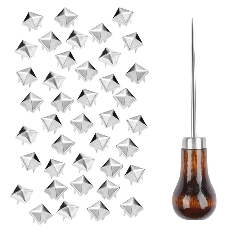 TUZAZO 500 Pieces 10 mm Square Pyramid Studs for Clothing Bag Leather Shoes Punk Rock Jewelry Craft, 4 Prong Metal Nailhead Studs Spikes Accessories with Awl (Silver) - Image 1